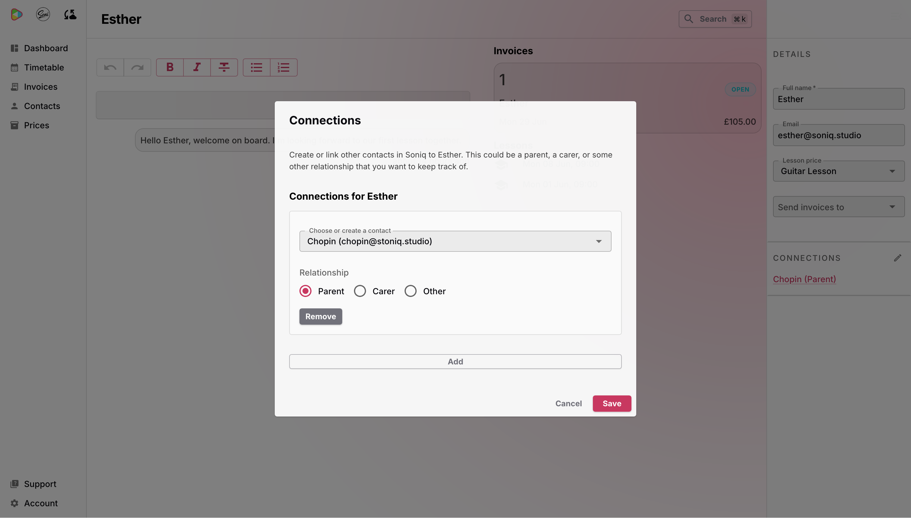 The Add Contact dialog with Chopin’s email address filled in