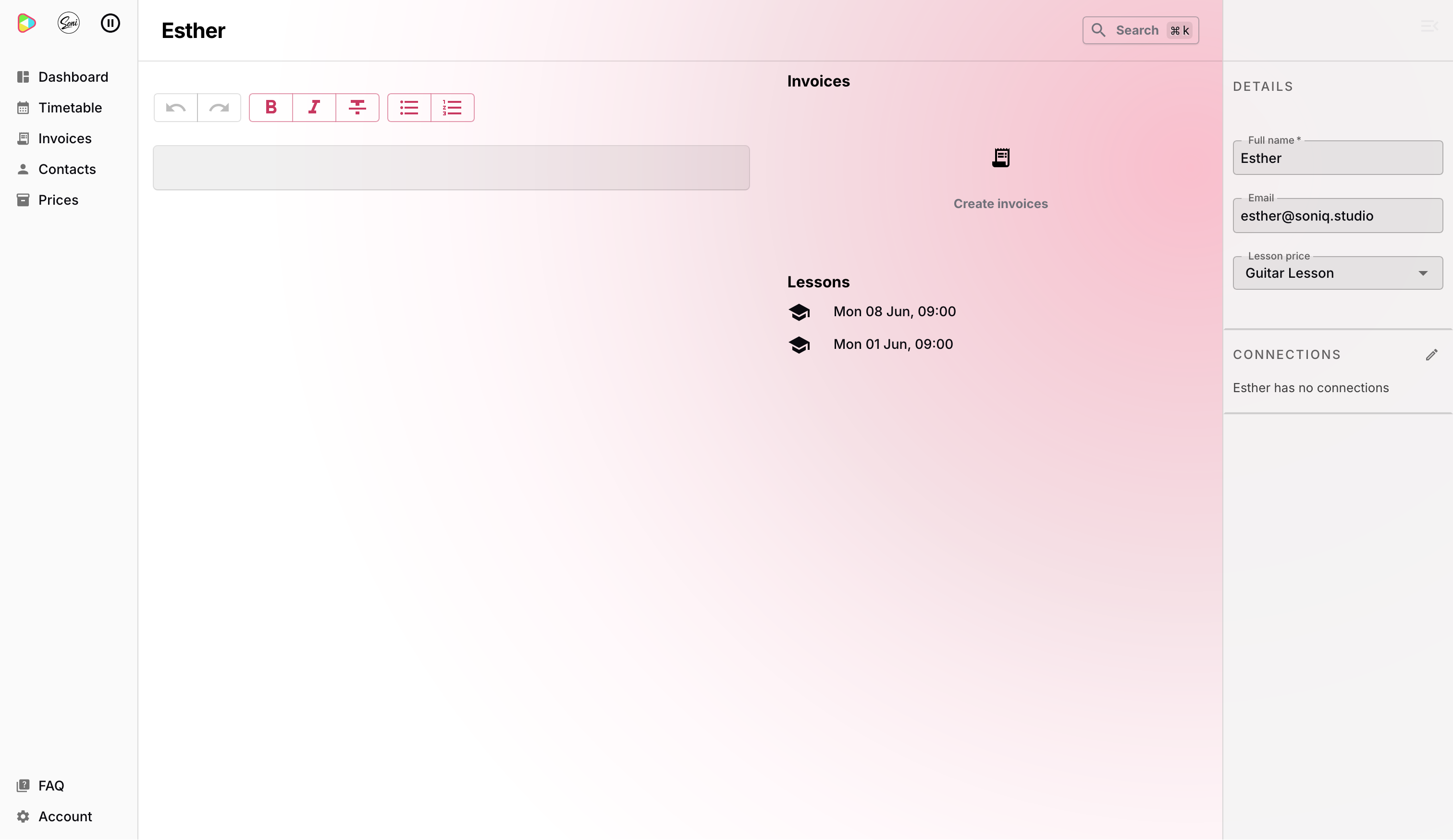 Esther’s contact page with an email address saved and the message compose area now available