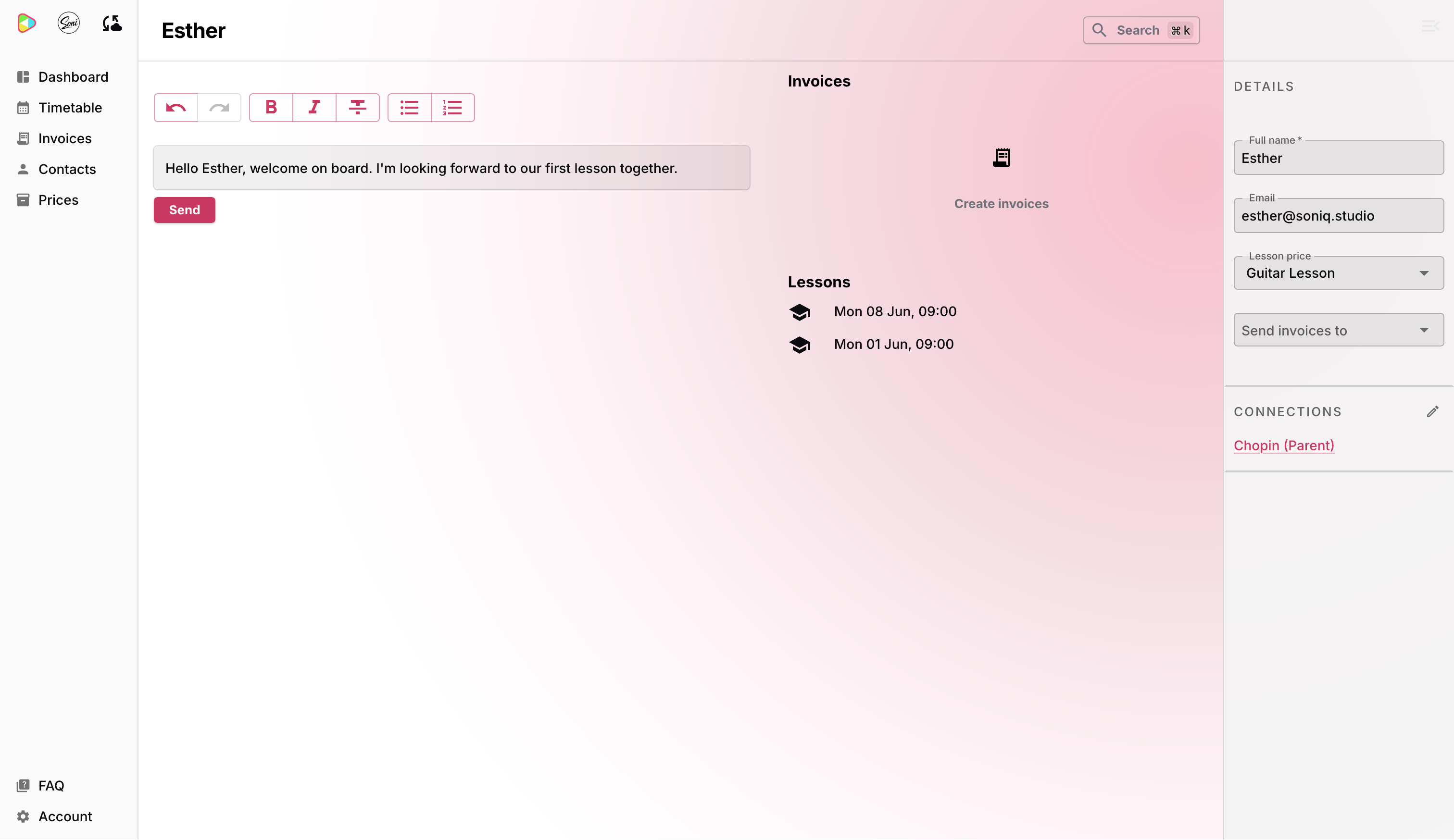 A message typed in the compose area ready to send to Esther