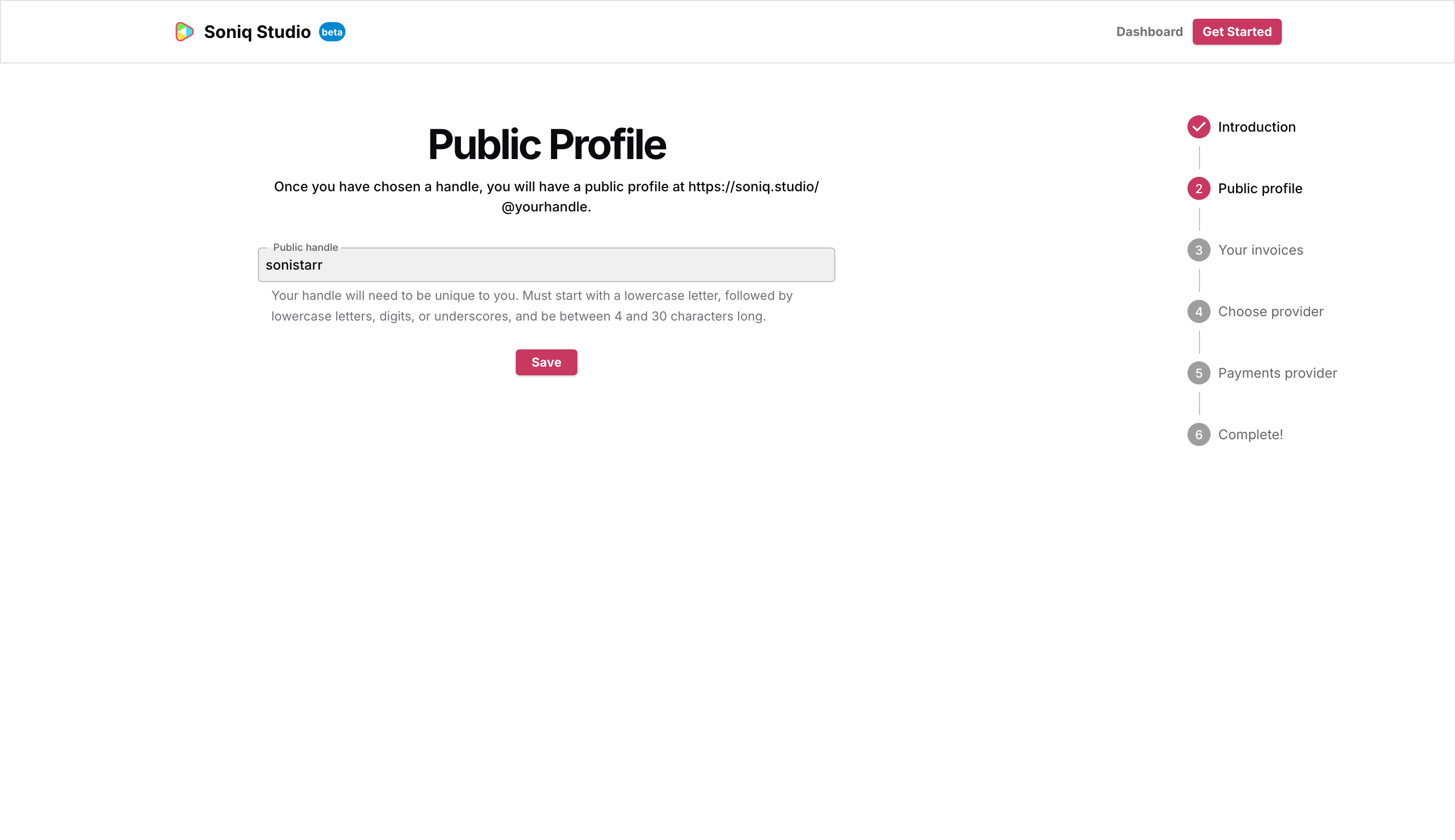 The Public Profile step with the handle field filled in as sonistarr
