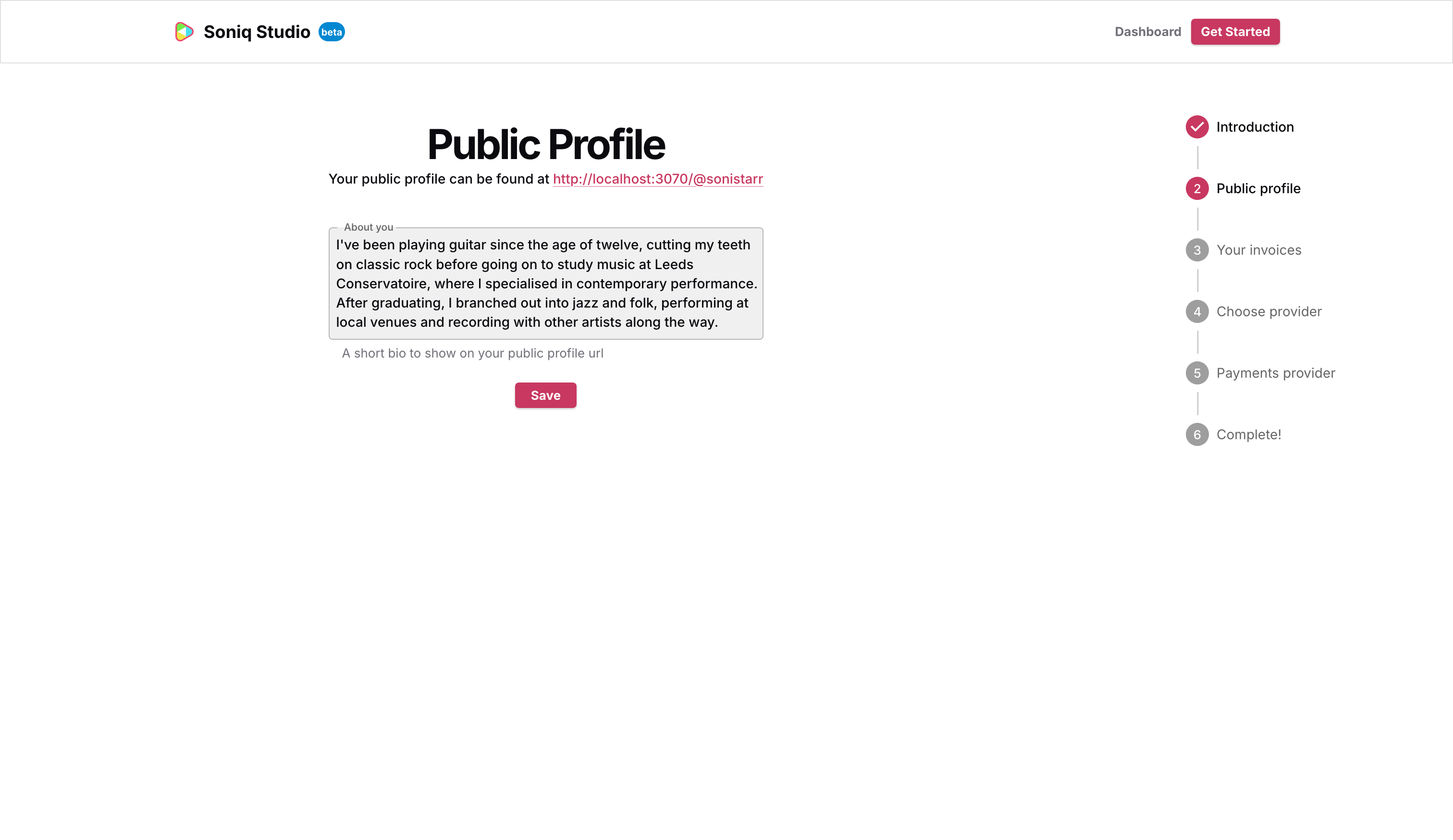 The Public Profile step with Soni’s bio filled in