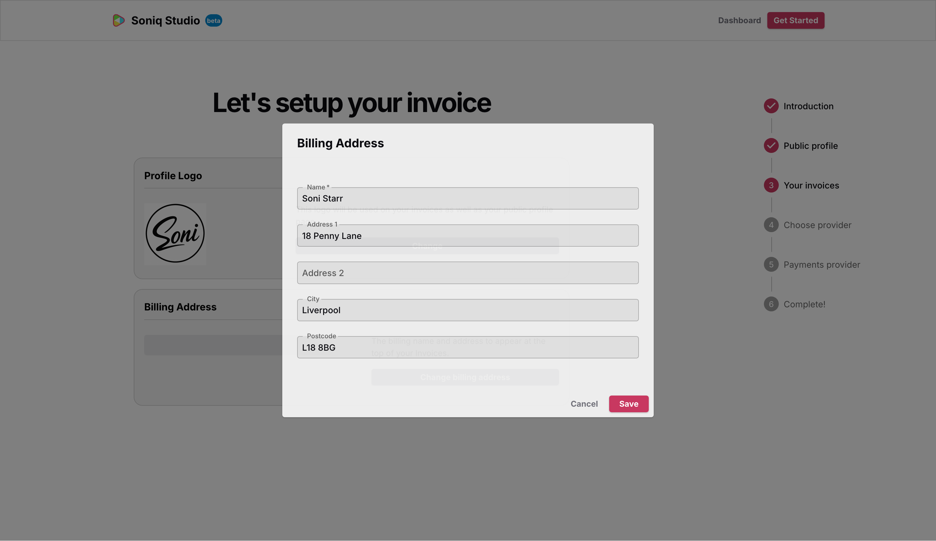 The billing address dialog with Soni Starr’s details filled in