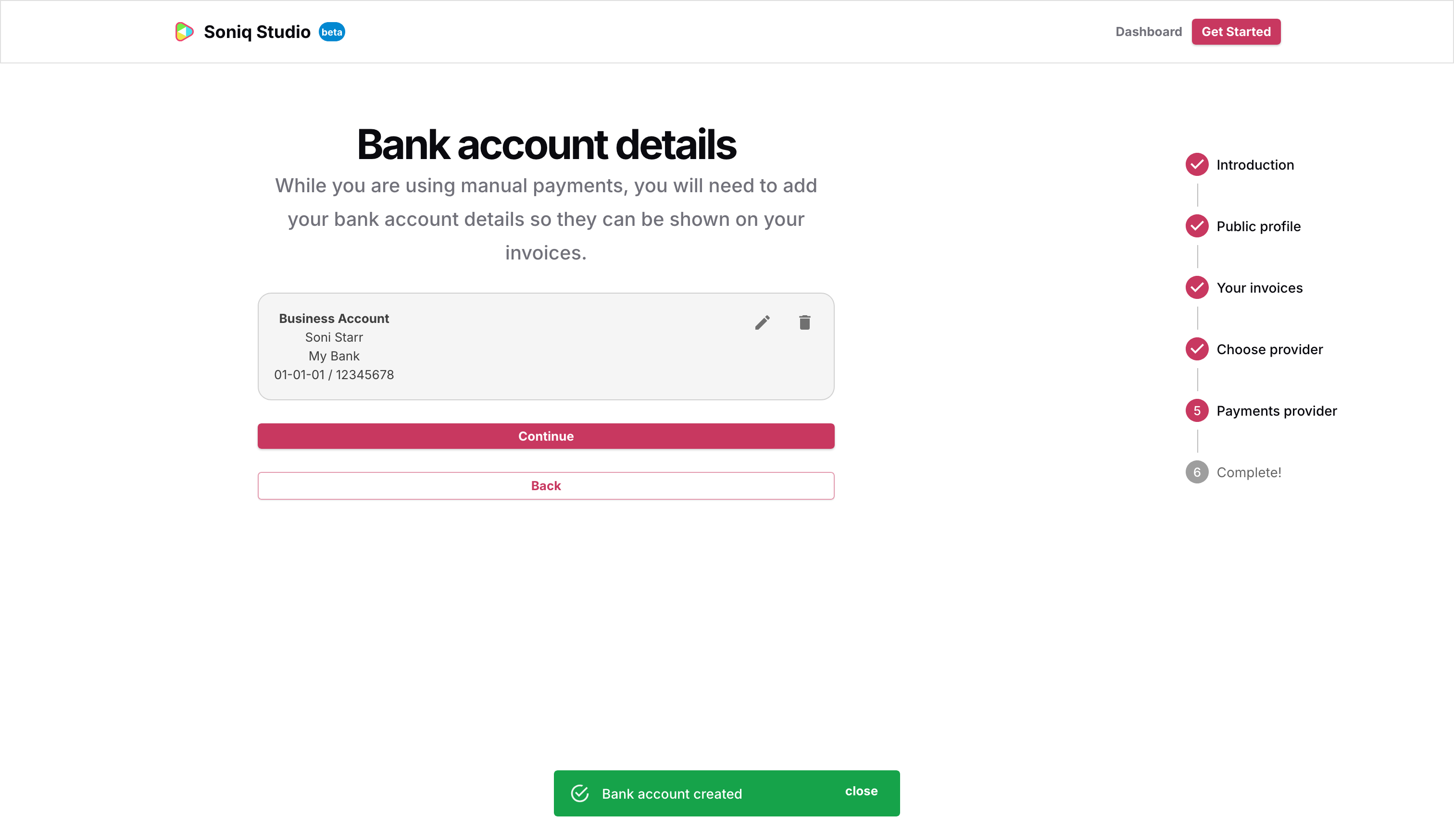 The bank account details screen showing the saved Business Account entry