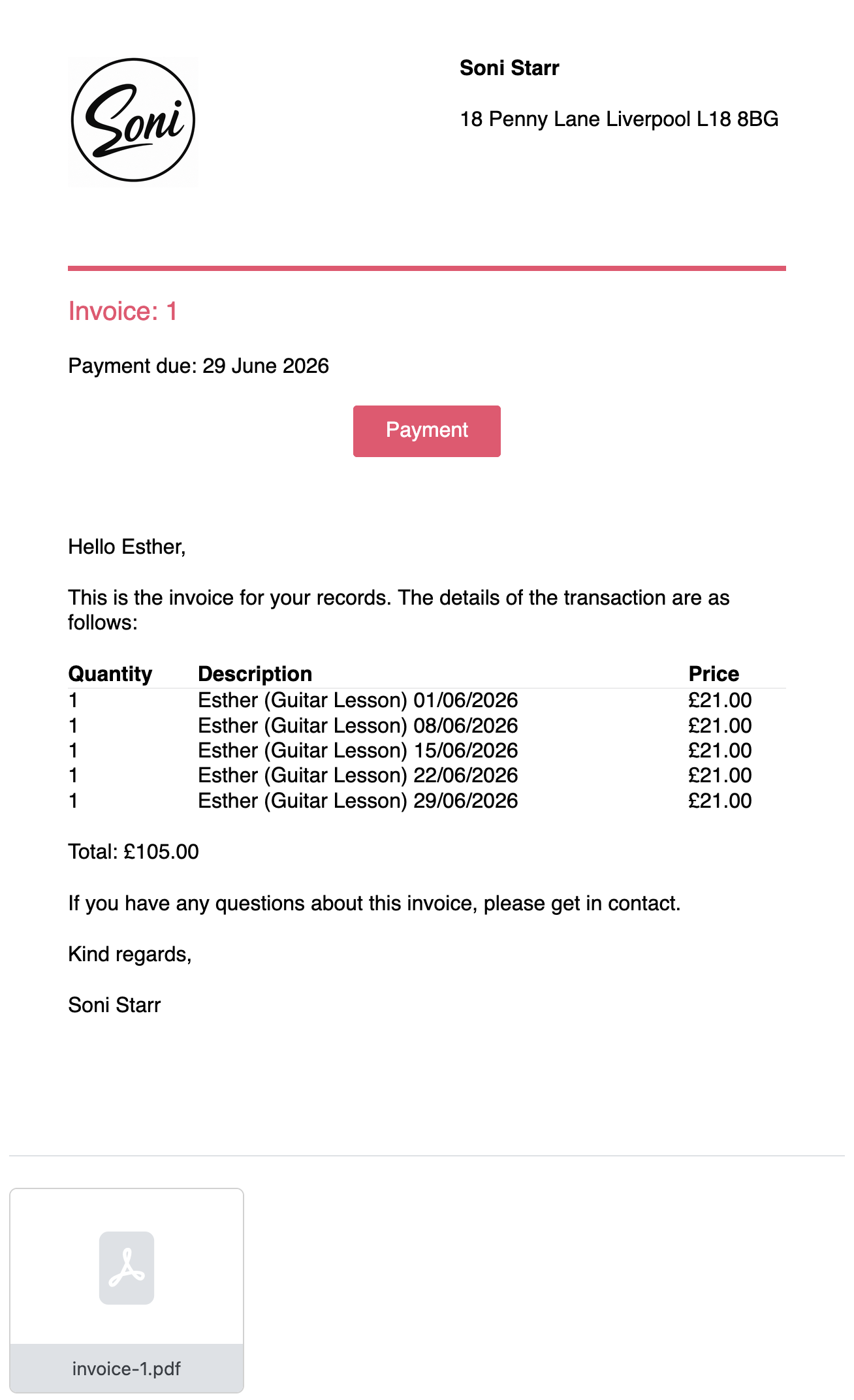 The invoice email the student receives, showing a Payment button, lesson summary, and a PDF attachment